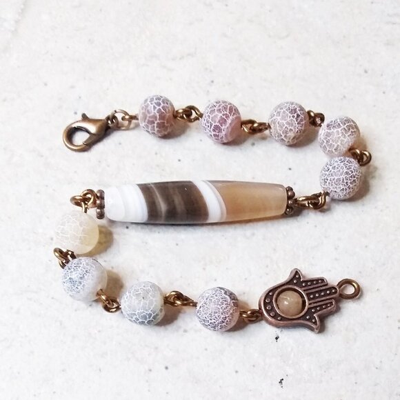 Hamsa Hand Blessing Bracelet! Lovely Shades of Brown! Mixed Agate Beads + Copper - Picture 1 of 10